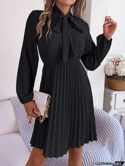 Tie Neck Balloon Sleeve Pleated Dress