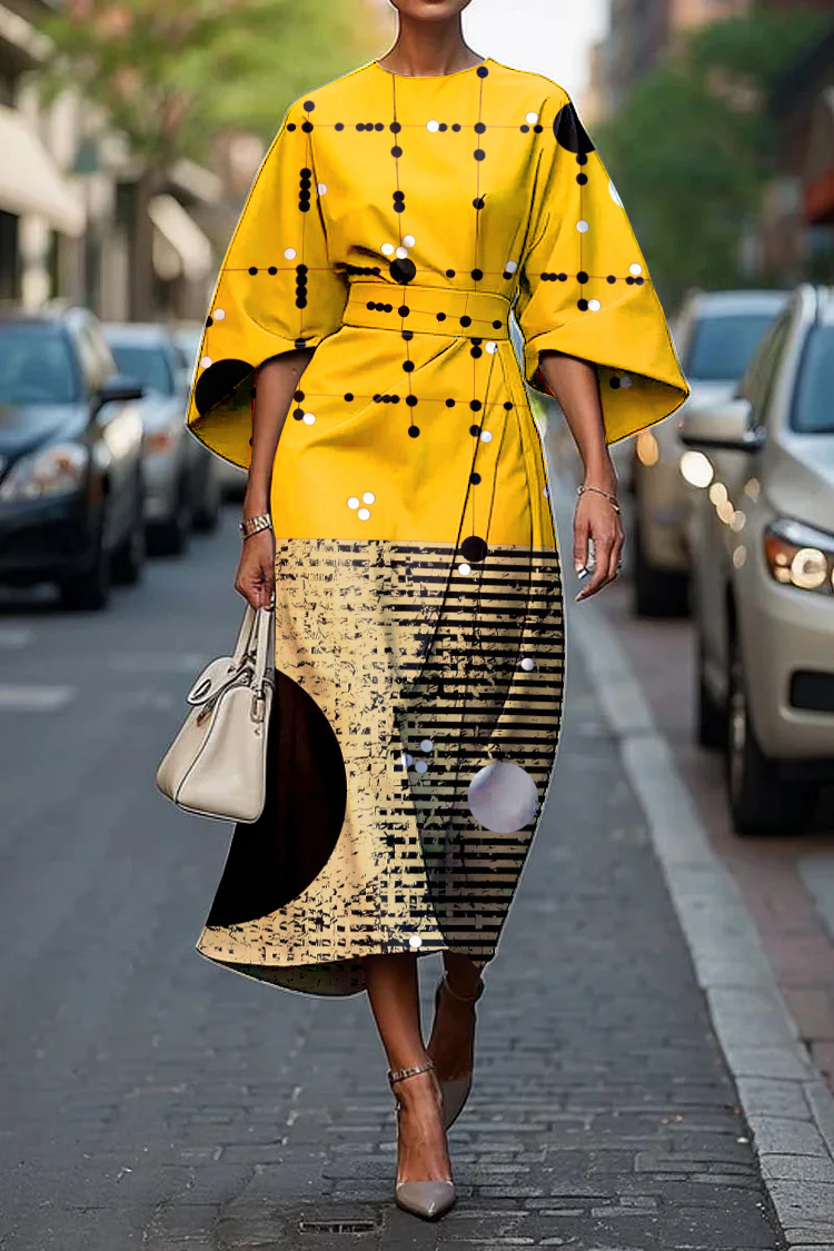 Women's Elegant Abstract Art Print Midi Dress