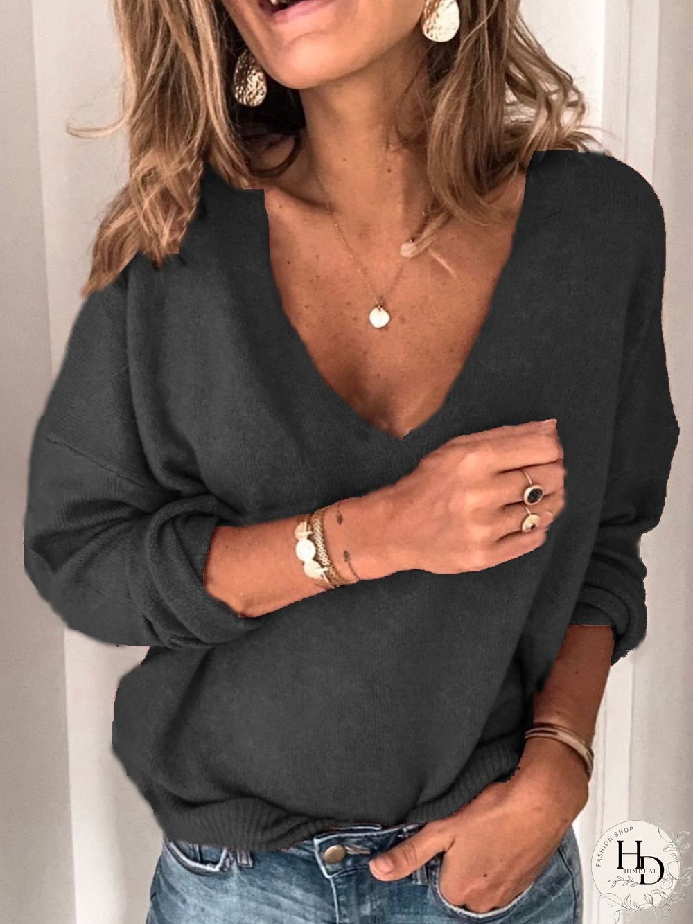 Casual Solid V Neck Long Sleeve Sweater