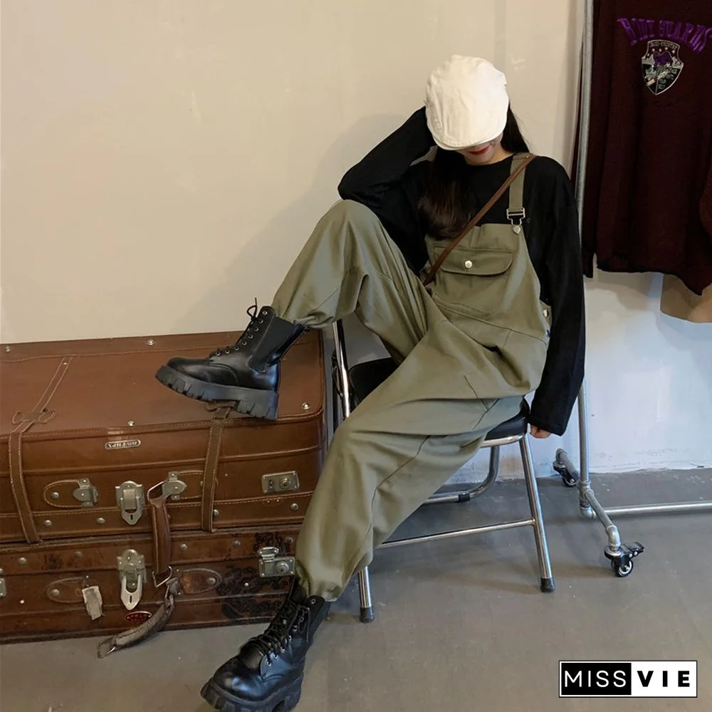 Cool Loose Pure Color Shirt Overalls Set