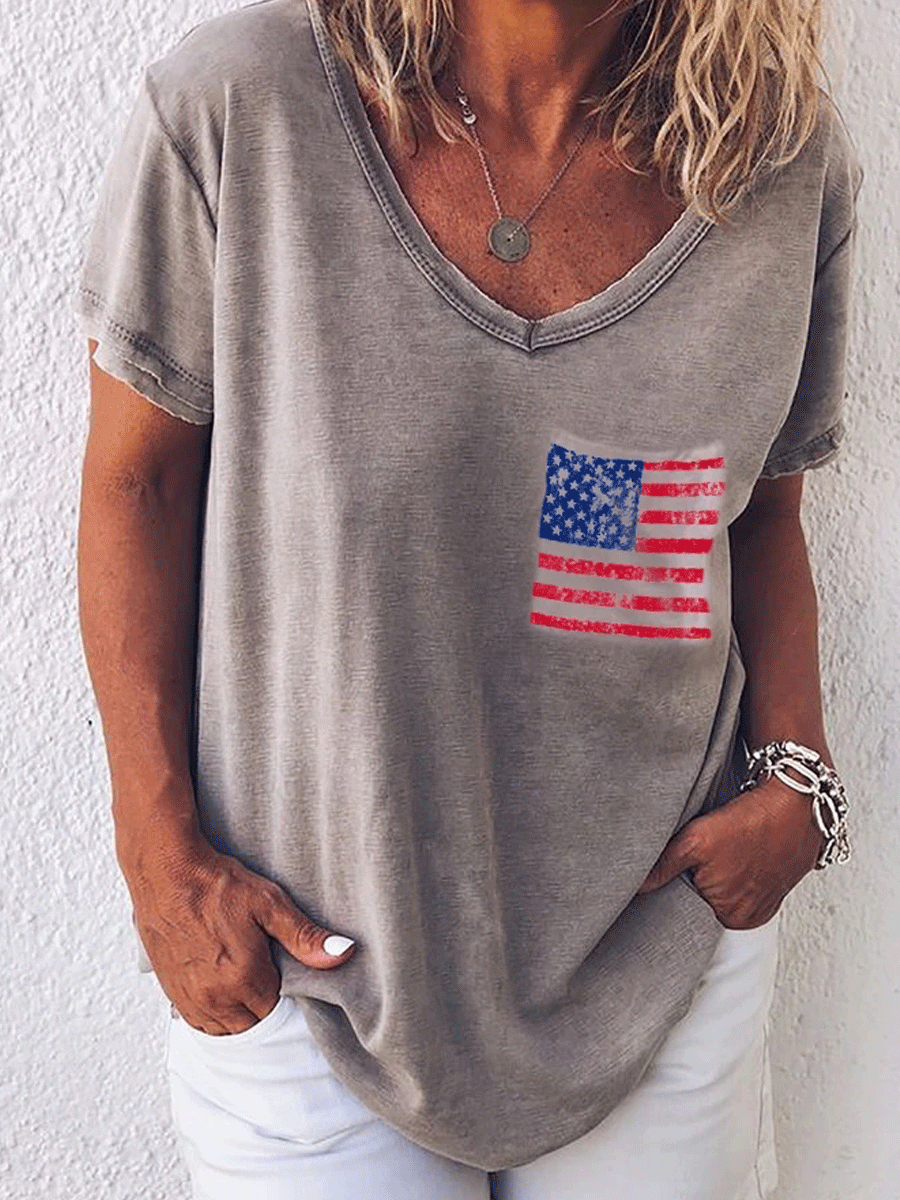 Independence Day Flag Pocket Printed Loose T-Shirt