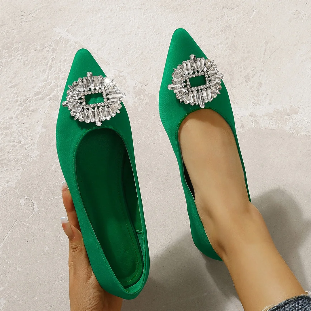 2022 Rhinestone Buckle Shoes Ladies Soft Bottomed Flats Women Satin Loafers Big Size 41/42 Pointed Toe Crystal Ballerina Femme