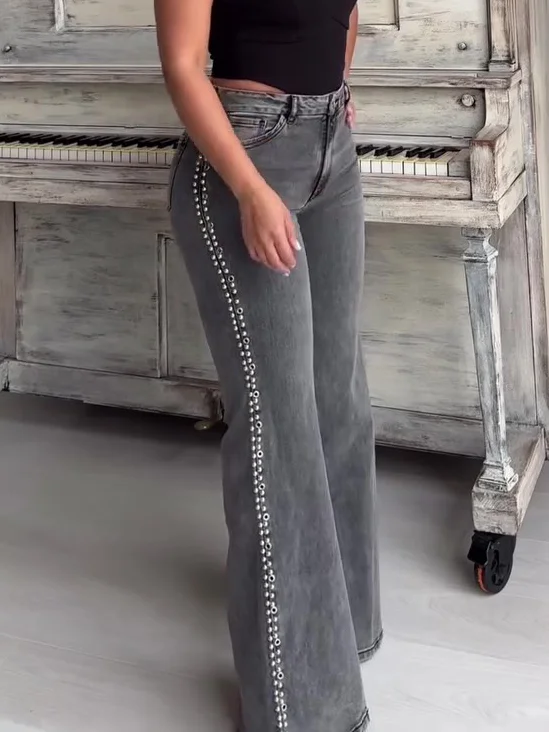 Charcoal Grey Embellished Wide-leg Flared Jeans