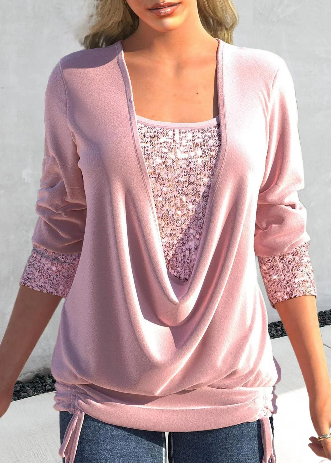 Uveng Sequin Contrast Solid Color Long-sleeved Large Drop Collar Blouses