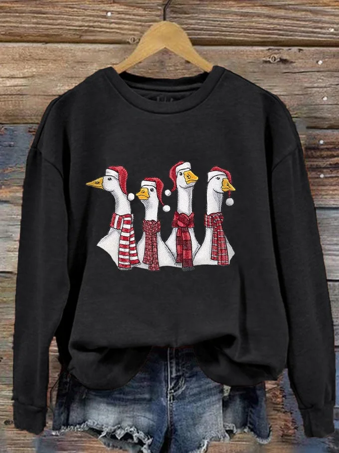 Christmas Geese Print Crew Neck Sweatshirt