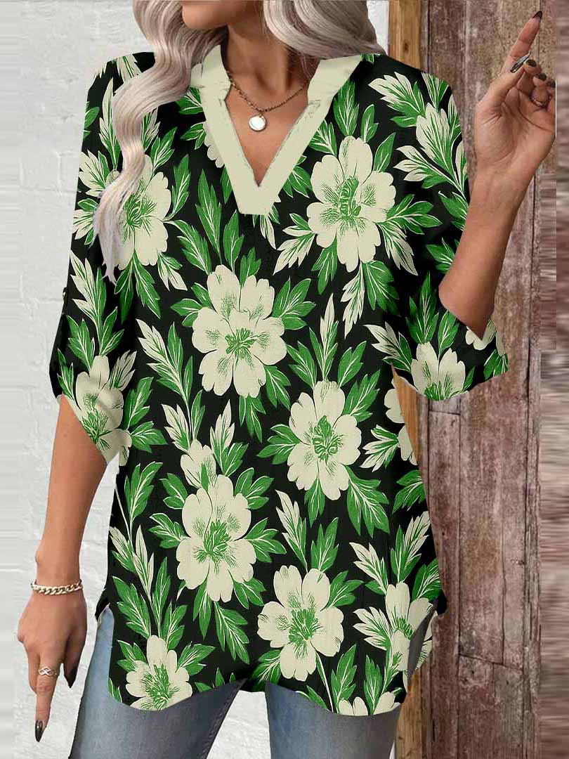 Women Floral, Green DZGA0160 3/4 Sleeve V-neck Printed Graphic Button Tops