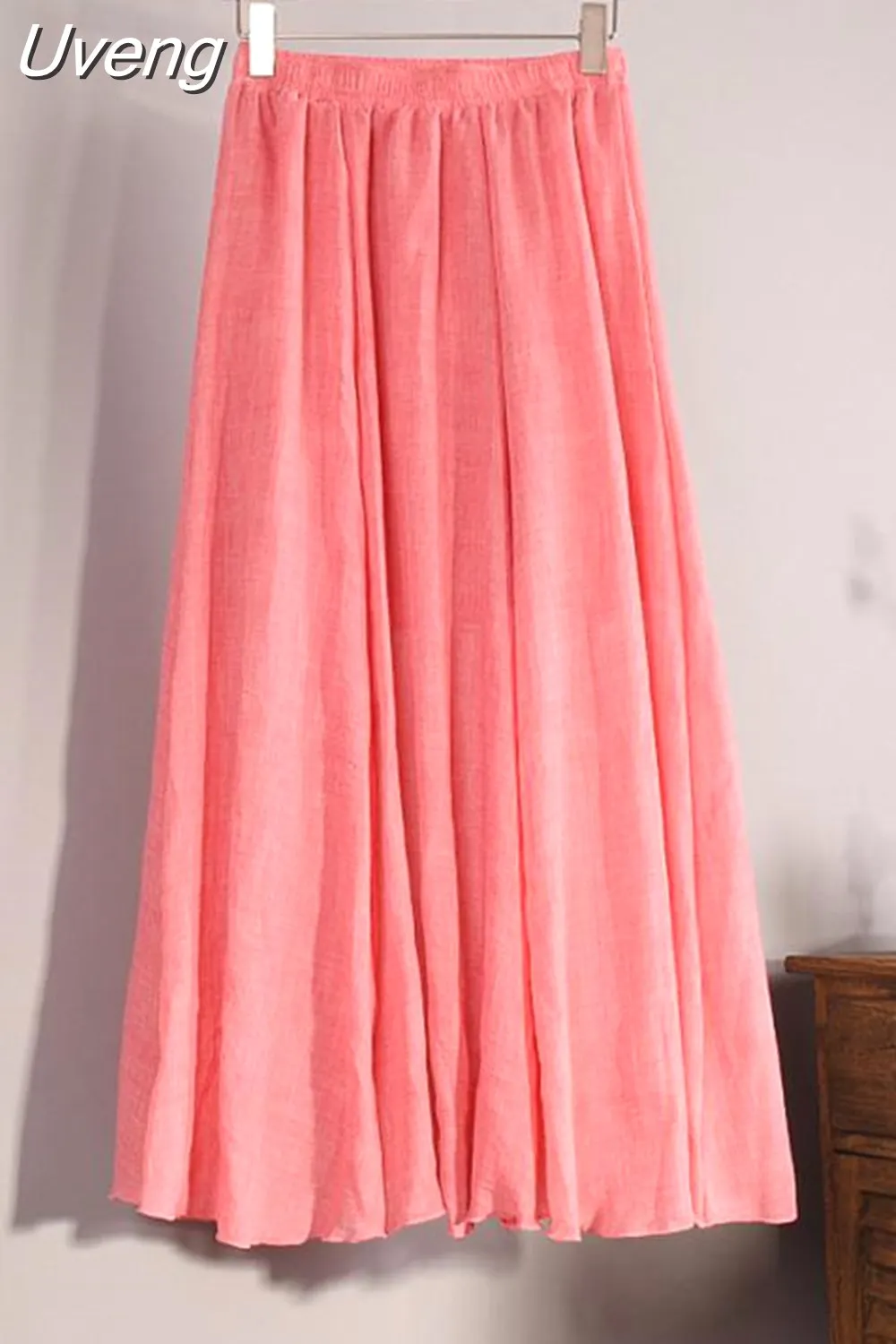Uveng Women's Elegant 16 Color High Waist Elastic Waist Linen Pleated Long Skirts Ladies Slim Casual Skirt Saias New 2023 Summer SK05