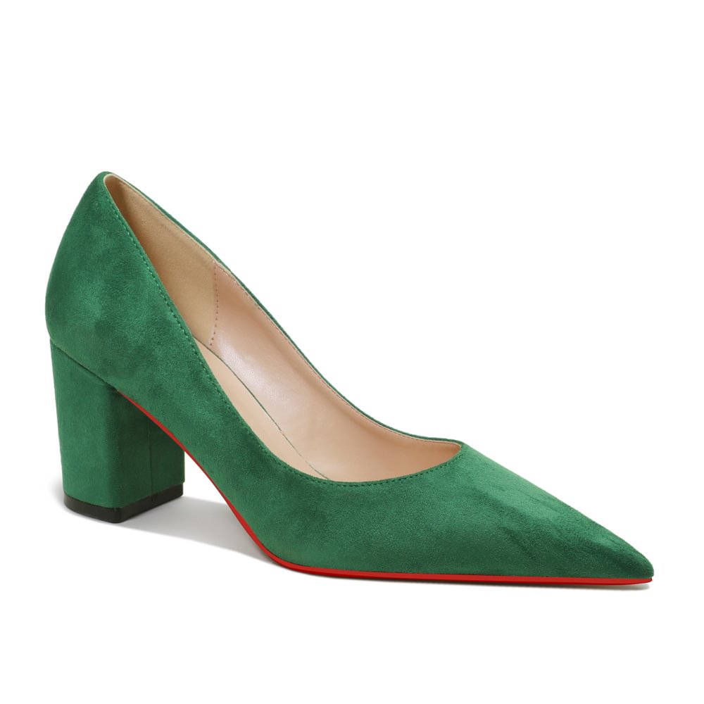 65mm Women Chunky Heels Red Bottom Shoes Comfortable Middle Block Heel Pumps Suede-MERUMOTE