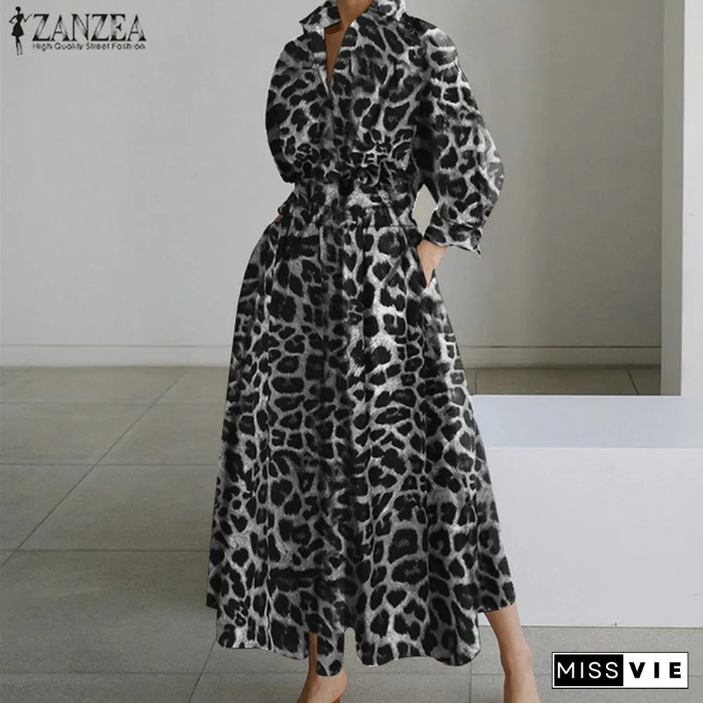 Womens Bohemian Leopard Print Maxi Dress Elegant Full Sleeve Casual Swing Mid-Calf