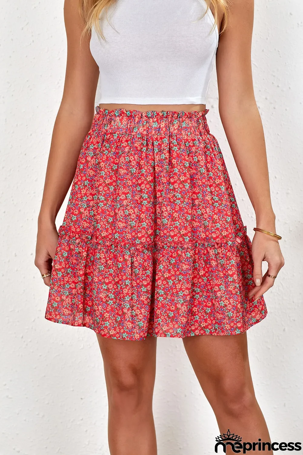 Red Floral Print Elastic Waist Skirt
