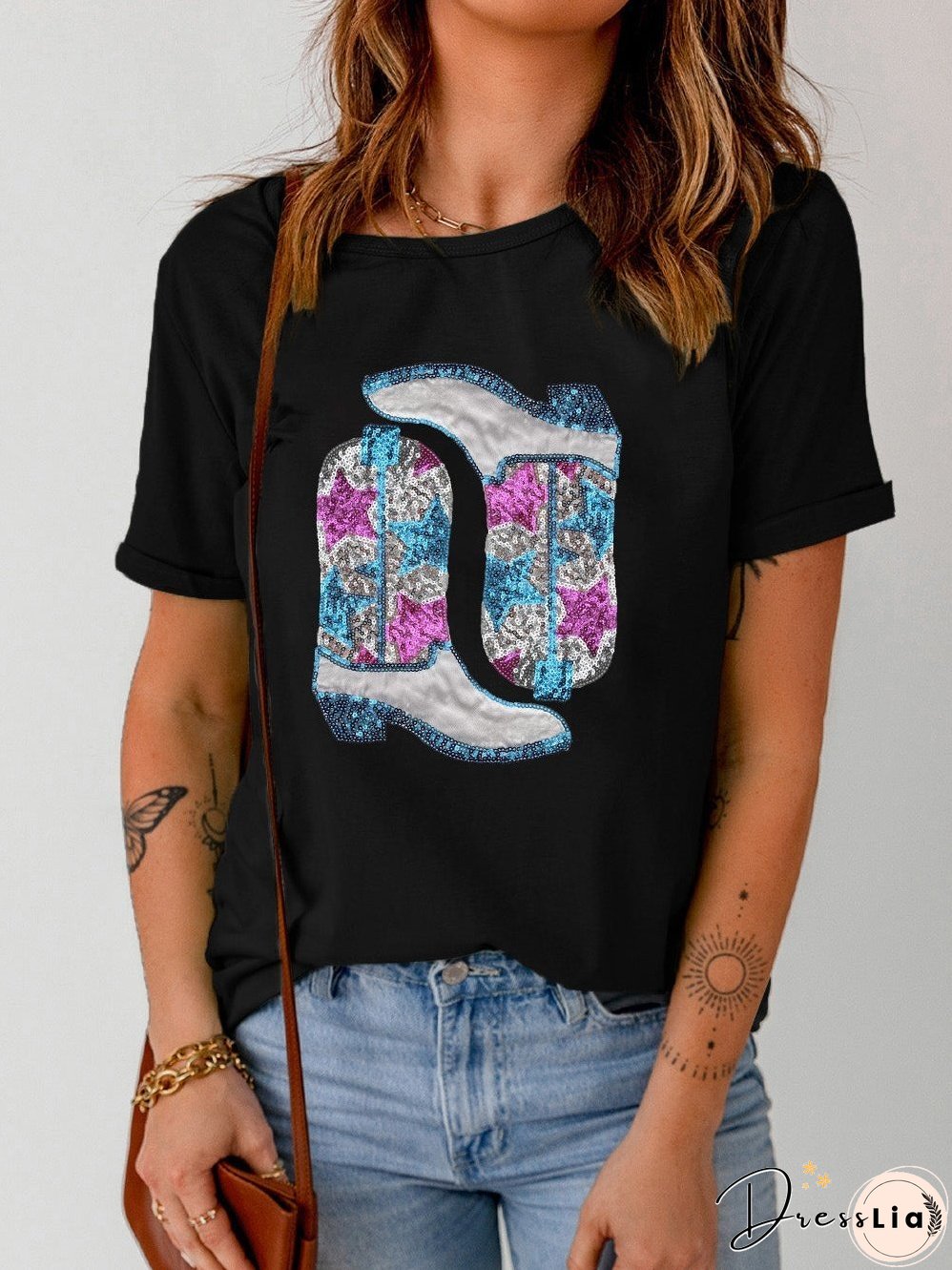 Sparkling Black Western Boots & Stars Tee