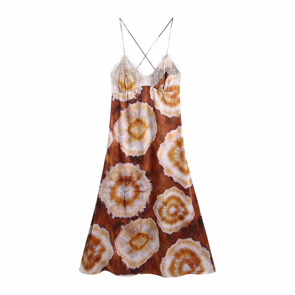 Back to school  2022 Summer Women Vintage Sexy Print Lace Stitching Backless Dress Female Fashion Party Casual Slim Sling Mini Dresses