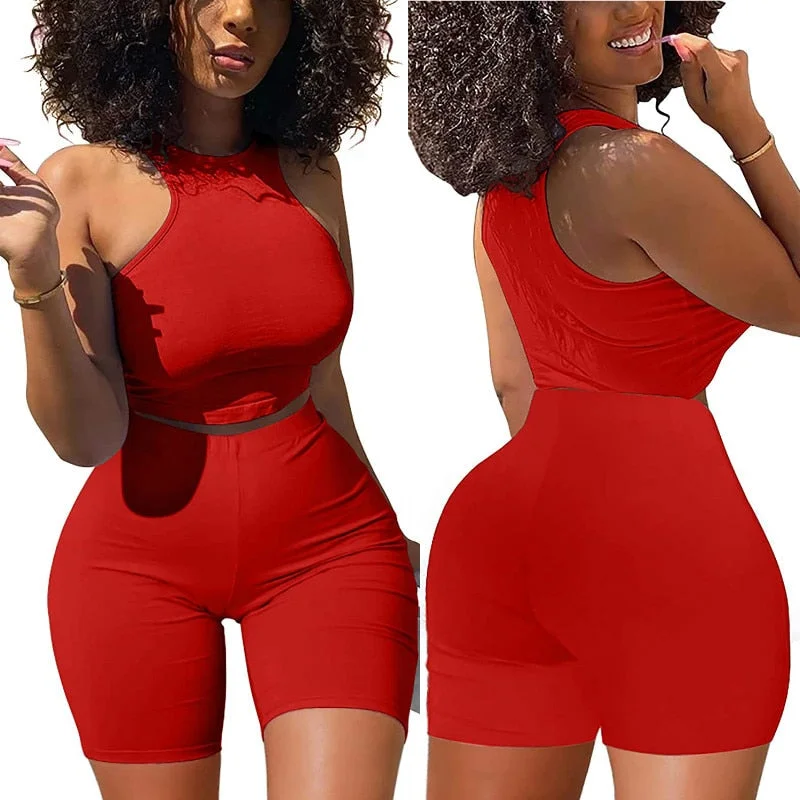 Two Piece Set Women 2021 Summer Solid Color Tracksuits Sleeveless Vest Crop Tops + Skinny Shorts 2Pcs Set Sexy Fitness Clubwear