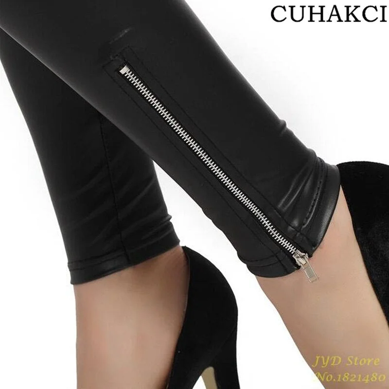 CUHAKCI Sexy Trousers Zipper Style Leather Leggings  Women Slim High Elastic Pants Classic Black Pants Slim Faux Leather