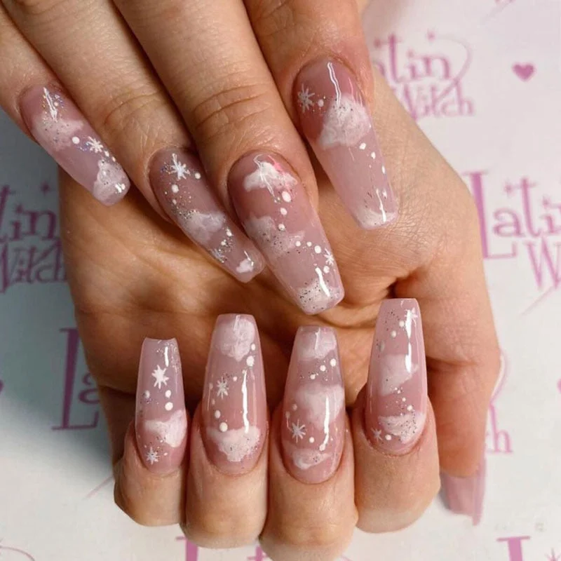 24pcs/set Coffin Fake Nails Nude Pink Cloud Butterfly Decal Ballerina Faux Full Nail Art Tips Detachable Long Press On Nails-Nail Inspo