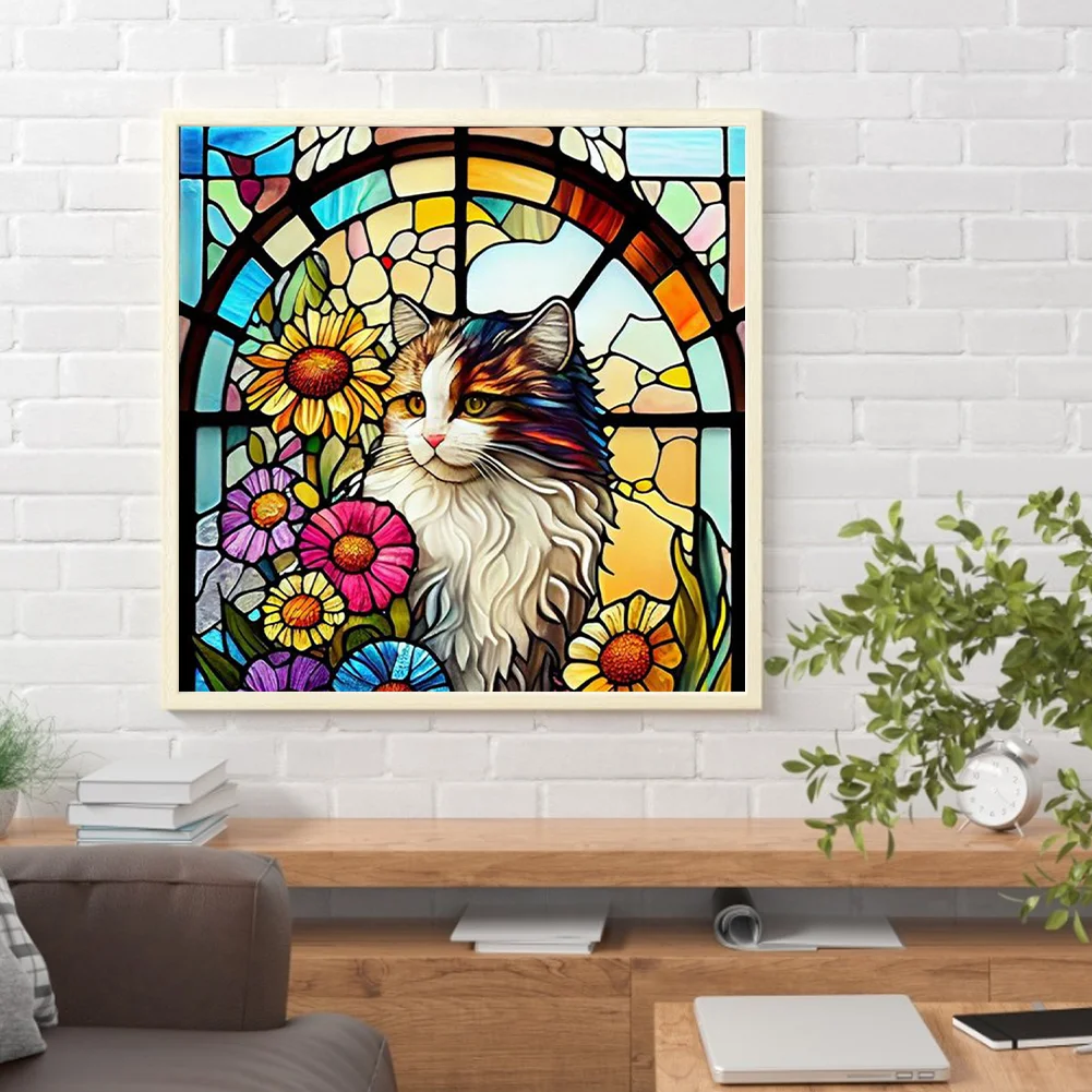 Diamond Painting - Full Round Drill - Stained Glass Cat(Canvas|30*30cm)