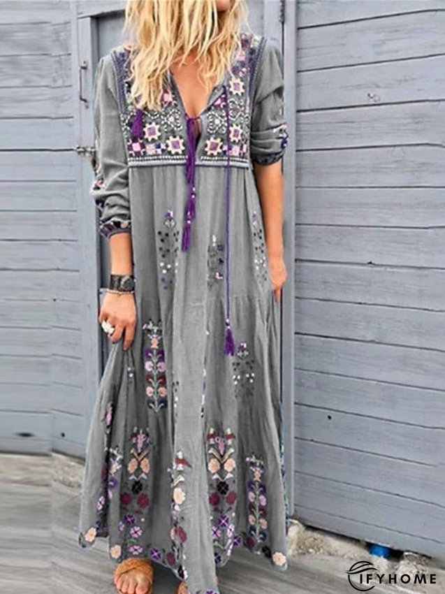 Bohemia Casual Dress Shift Boho Long Maxi Red Blue Brown Sleeve Floral Print Summer Fall | IFYHOME