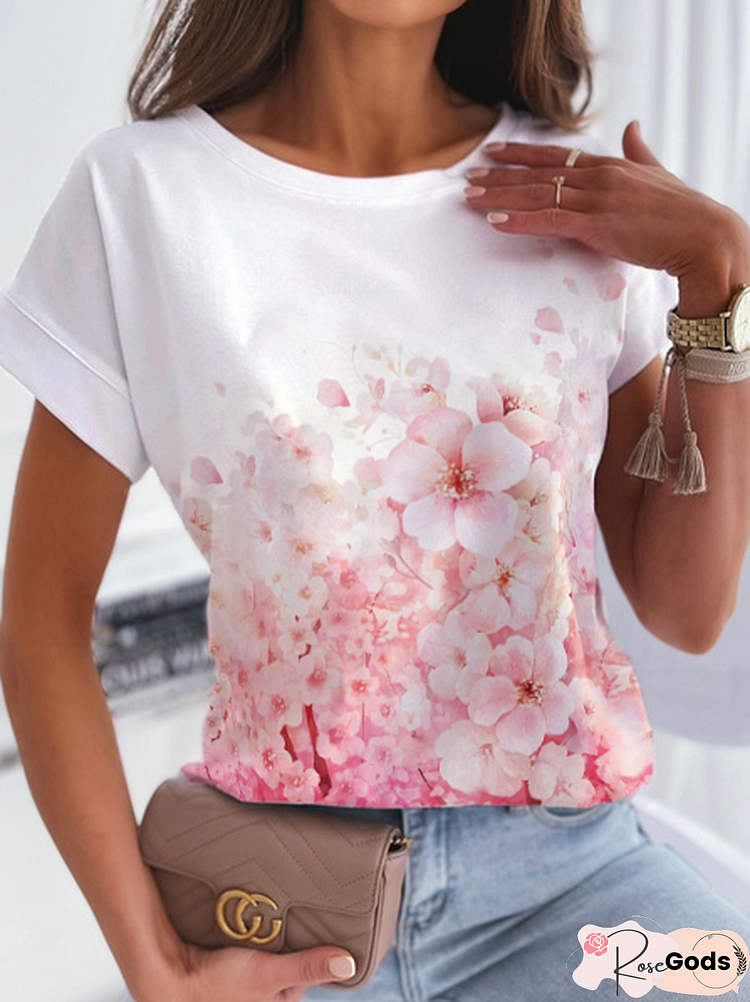 Floral Regular Fit Crew Neck Cotton Blends Short Sleeve T-Shirt