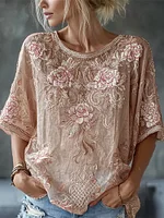 Women's Vintage Floral Embroidered Art Flowy Linen Blend Short Sleeve Casual Tops