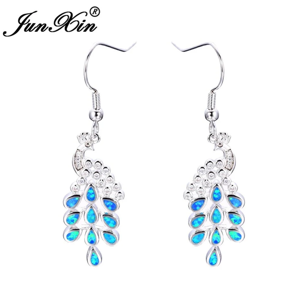 JUNXIN 2017 New Fashion Women Peacock Animal Earrings Blue Opal Earrings Silver Color Dangle Earrings For Women