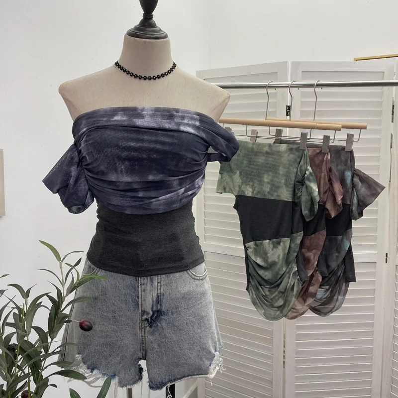 Uveng Real Shooting Can Wear Two-Wear Art Dizzy Net Yarn Spliced A Word Shoulder T-Shirt To Repair The Chest Short Babes Top 1131