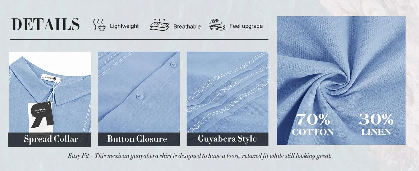 Runcati Men's 70% Cotton, 30% Linen Short Sleeve Guayabera Shirts Linen Cotton Button Down Mexican Embroidered Cuban Wedding Shirt Summer Beach Tops Father's Day Gift