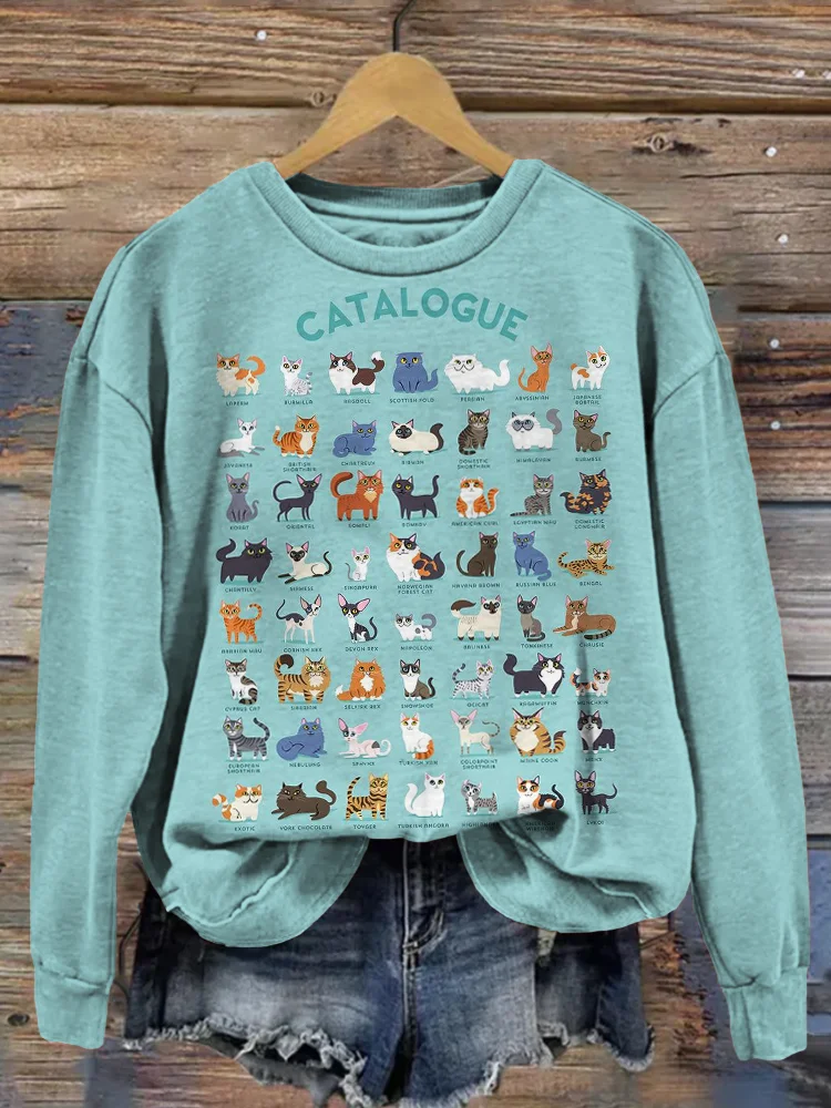 Comstylish Cats Catalogue Graphic Crew Neck Casual Sweatshirt