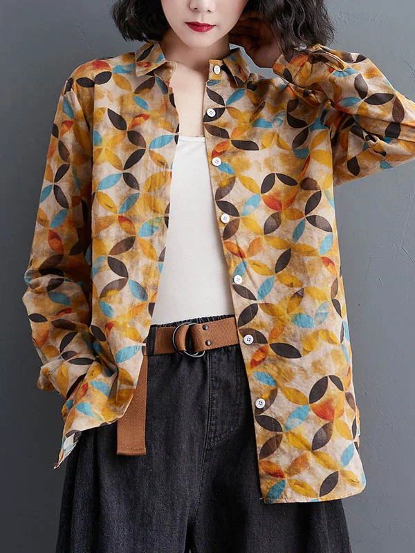 Original Loose Ramie Cotton Geometric Printed Buttoned Lapel Collar Long Sleeves Blouse