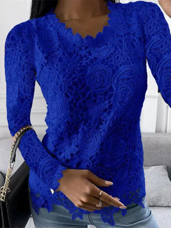 Women Long Sleeve Scoop Neck Solid Color Lace Tops