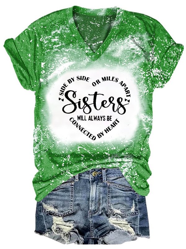 Short Sleeve V Neck Gradient Sister will always be Letter Printed T-shirt