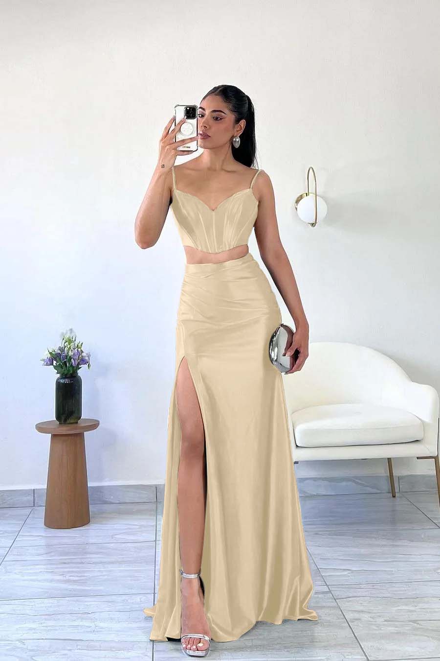 Miabel Simple Dark Green Satin Spaghetti Strap Sleeveless Long Prom Dress with Split