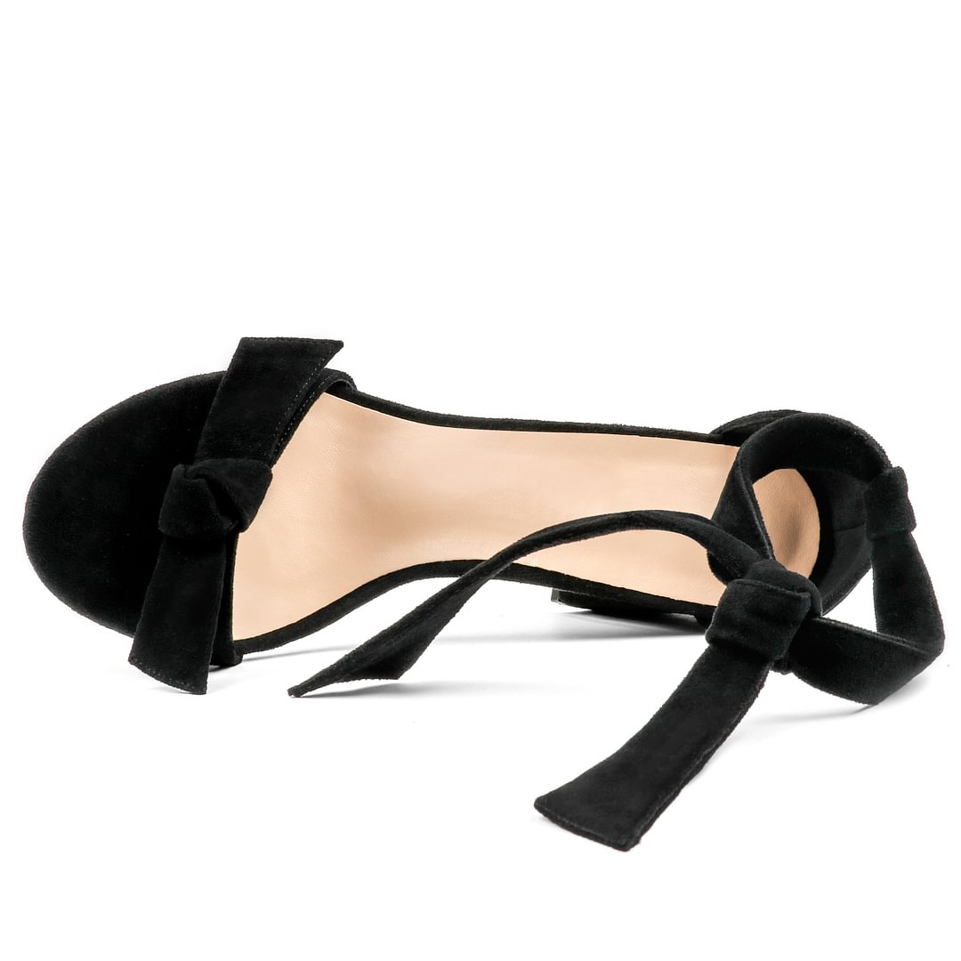 90mm Women's Bowknot Ankle Strap Pumps Block Heel Dress Party Suede Sandals Summer Shoes-MERUMOTE