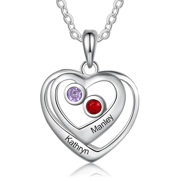 Personalized Double Heart Necklace with 2 Birthstones Necklace