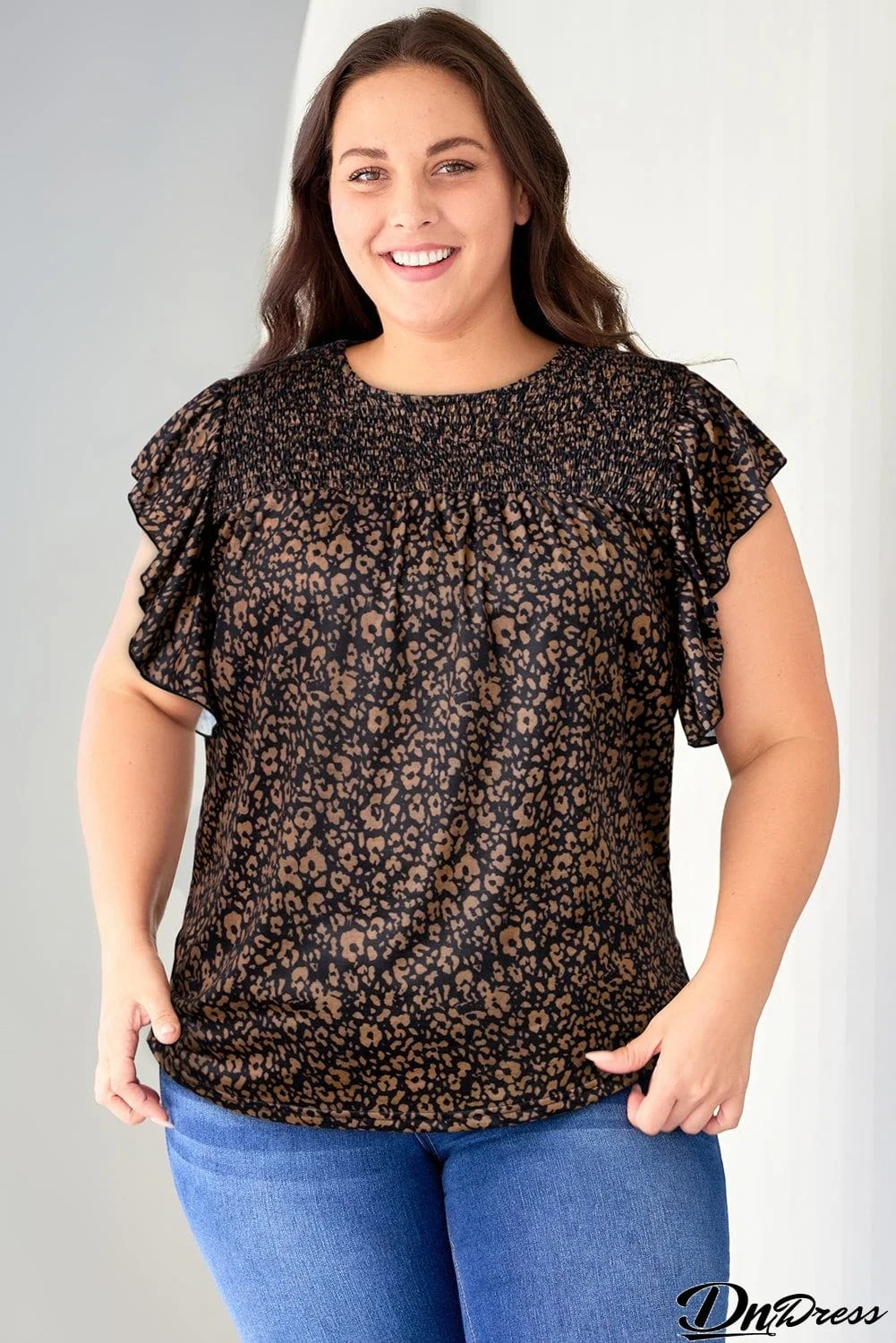 Plus Size Printed Smocked Butterfly Sleeve Blouse