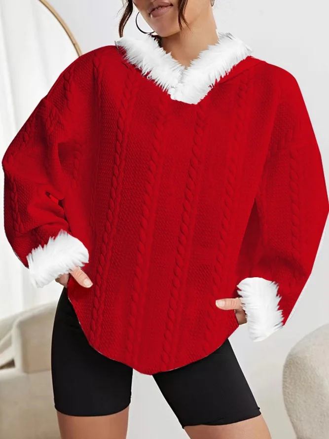 Christmas Cashmere Fur Collar Hooded Sweater VangoghDress
