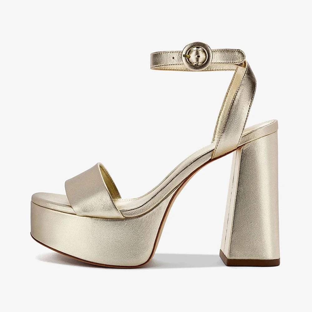 Round Toe Ankle Strap Buckle Platform Chunky Heel Gold Sandals