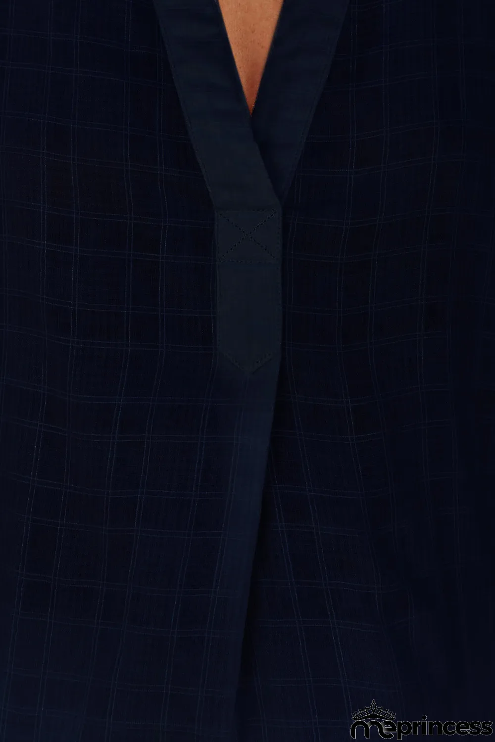 Navy Plaid Print Loose V Neck Short Sleeve Shirt with Slits