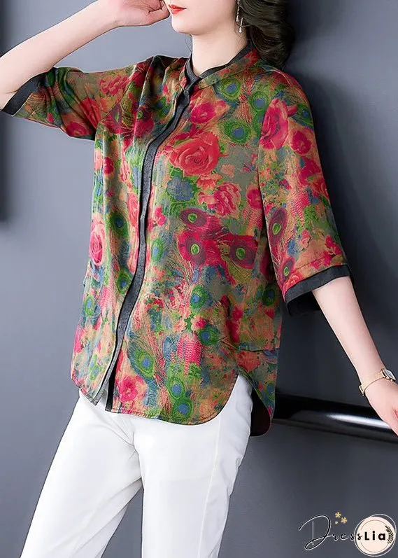 Style Red Stand Collar Patchwork Floral Print Silk Blouses Half Sleeve