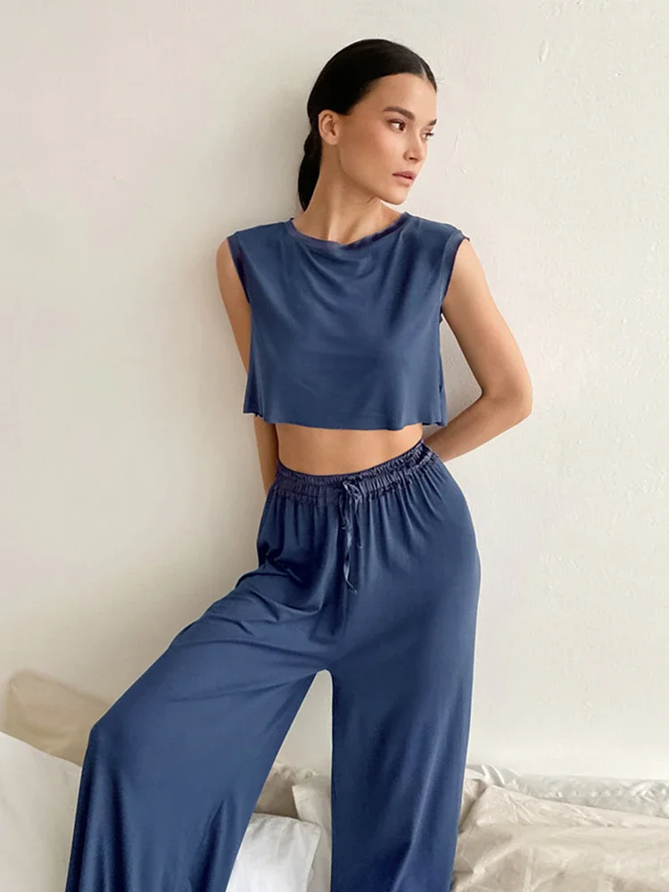 Uaang Blue Knitted Trouser Suits Sleeveless Crop Top Loose Pajamas