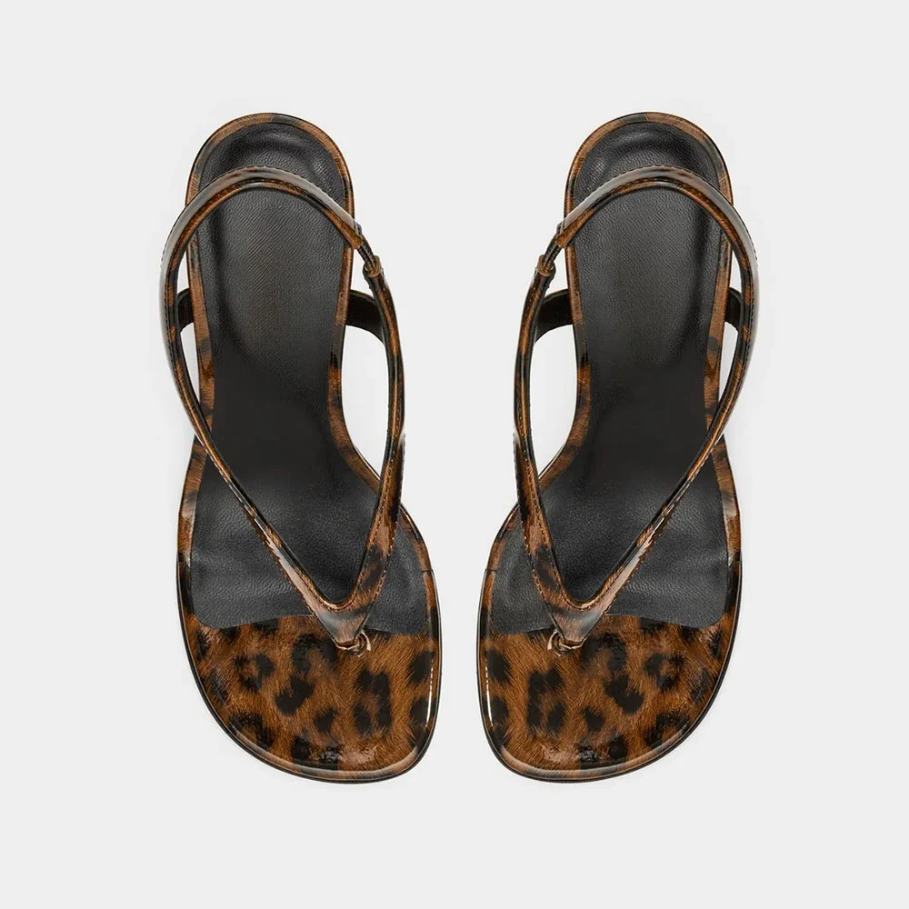 Brown Cheetah Pattern High Heel Flip Flop Wedge Sandals for Women