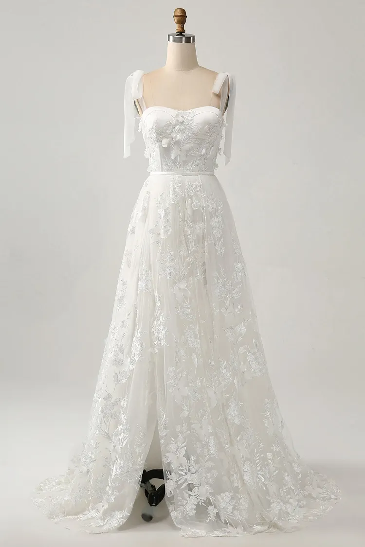 A-Line Spaghetti Straps Sleeveless Sweep Train Lace Wedding Dresses
