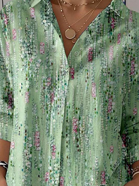 Women 3/4 Sleeve Shirt Collar Polka Dot Printed Graphic Button Tops