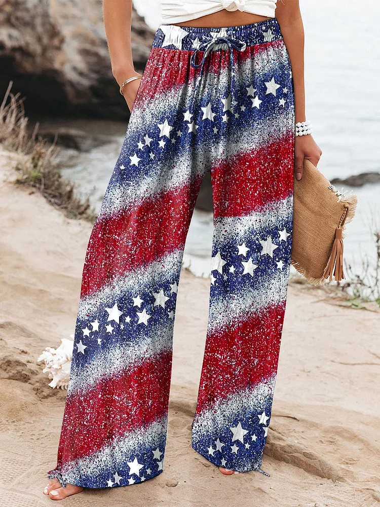 Women's Independence Day Themed American Flag Sequin Element Print Cotton And Linen Casual Pants