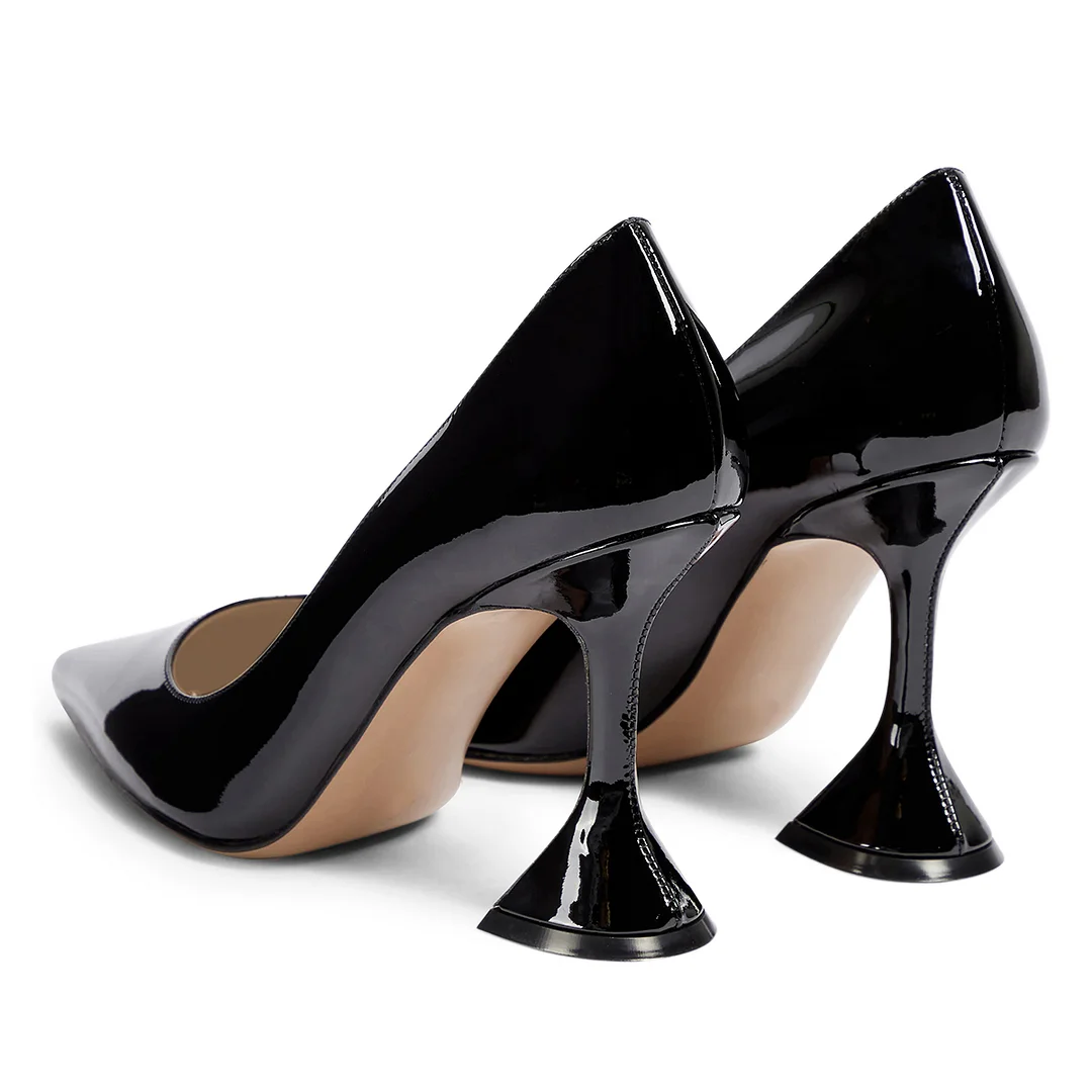 Black Patent Leather Pointed Toe Elegant Pumps with Flared Heels