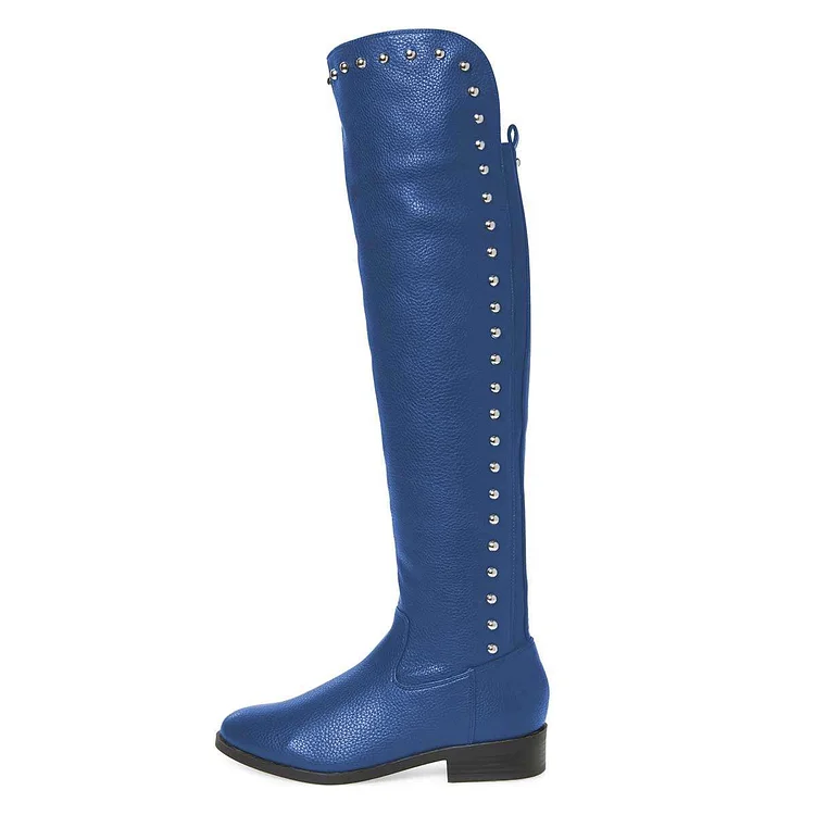 Blue Round Toe Zipper Flat Knee High Boots with Stud Decor |FSJ Shoes