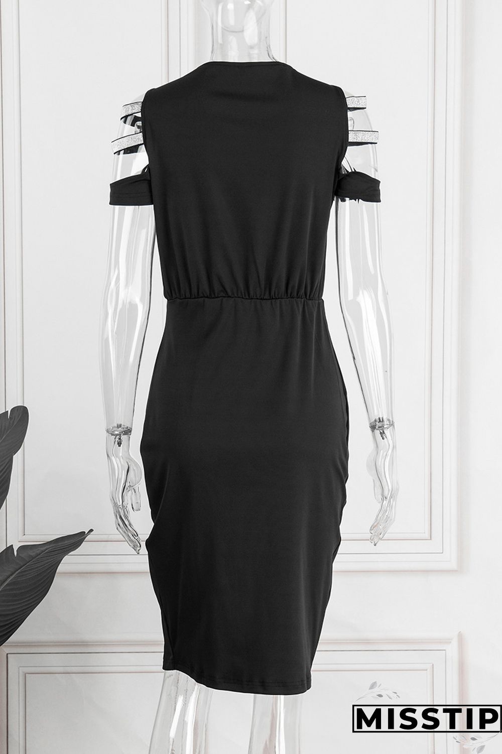 Black Casual Solid Hollowed Out Patchwork V Neck Short Sleeve Dress