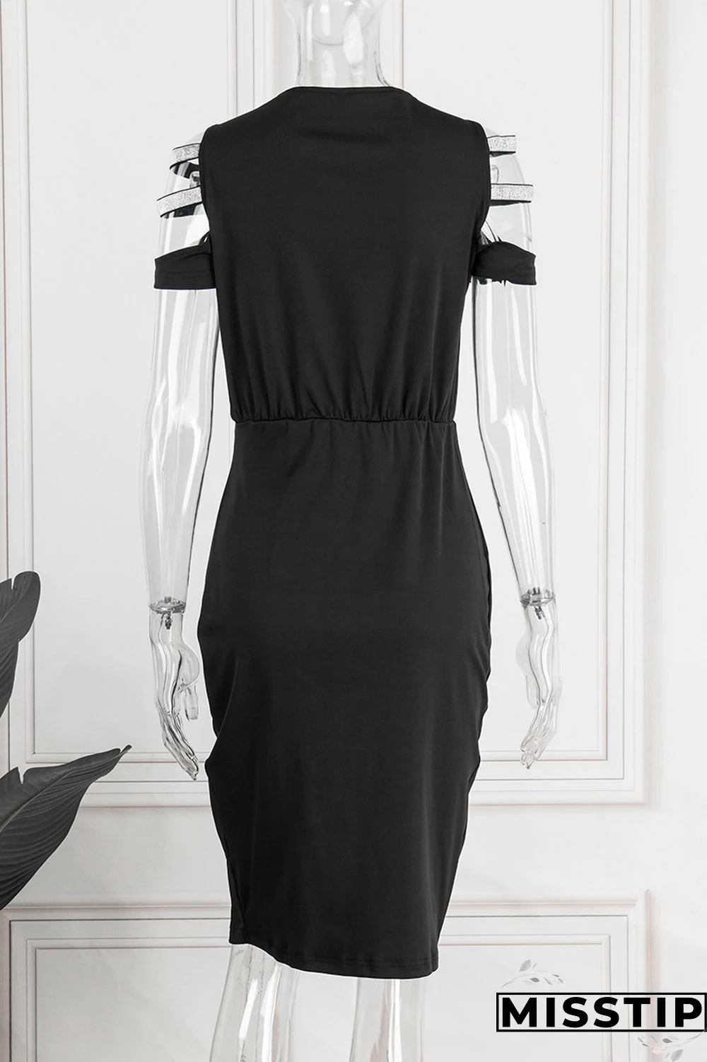 Black Casual Solid Hollowed Out Patchwork V Neck Short Sleeve Dress