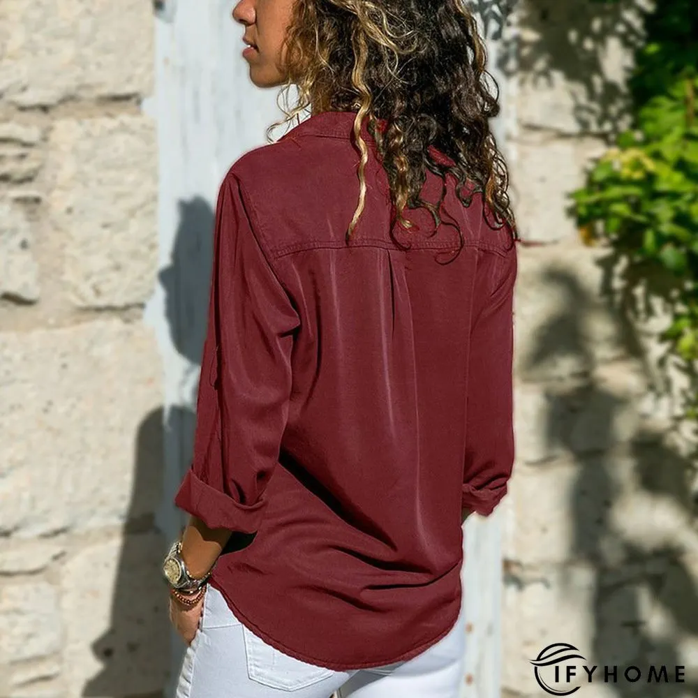 Women Fashion Turn Down Collar Solid  V Neck Long Sleeve Blouse | IFYHOME