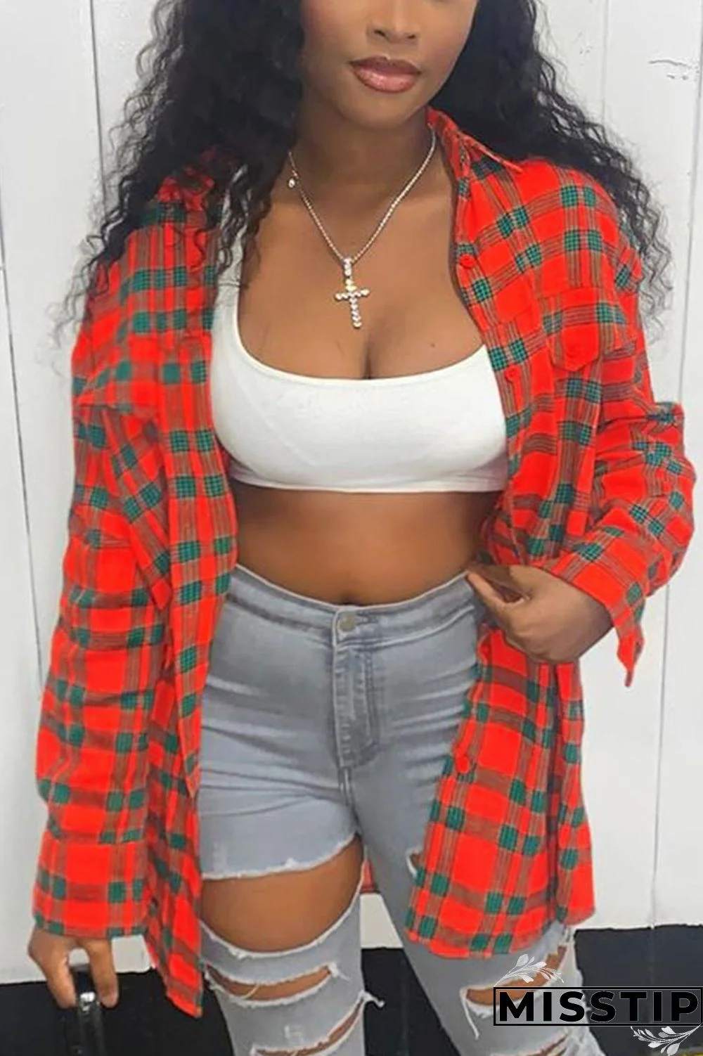 Red Casual Plaid Shirt Collar Tops