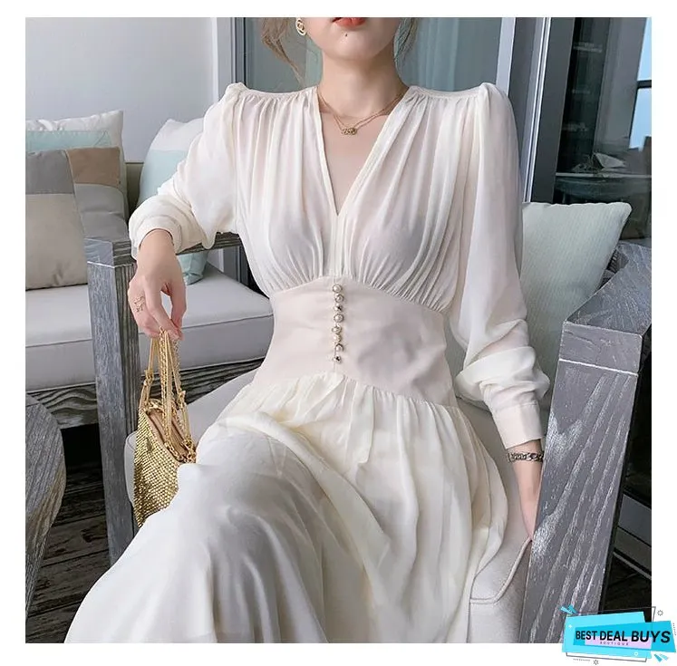 Elegant Dress Women Solid Long Sleeve Fairy Party Dress Office Lady Sexy V-Neck Loose Midi Dress Spring Clothing Female